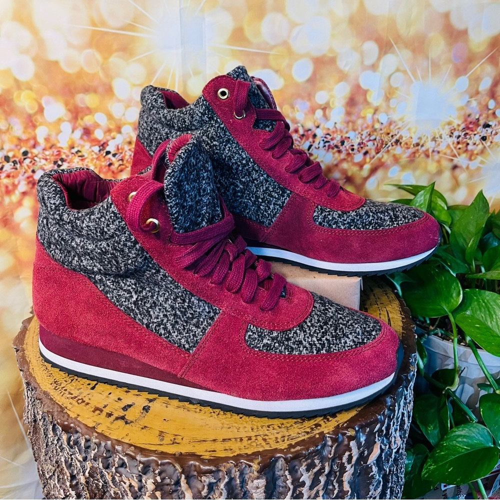 Isaac Mizrahi Live! "Bessie" Burgundy Suede & Grey Tweed Wedge Sneakers- Size 10
